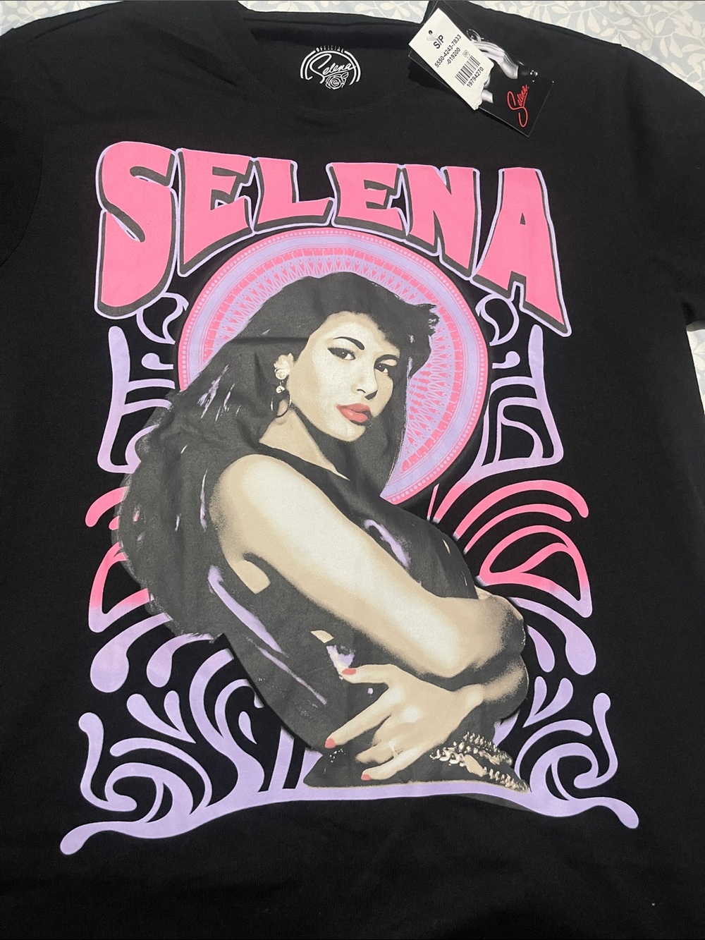 Selena Graphic Short Sleeve Tee — Black with Pink & Purple Artwork